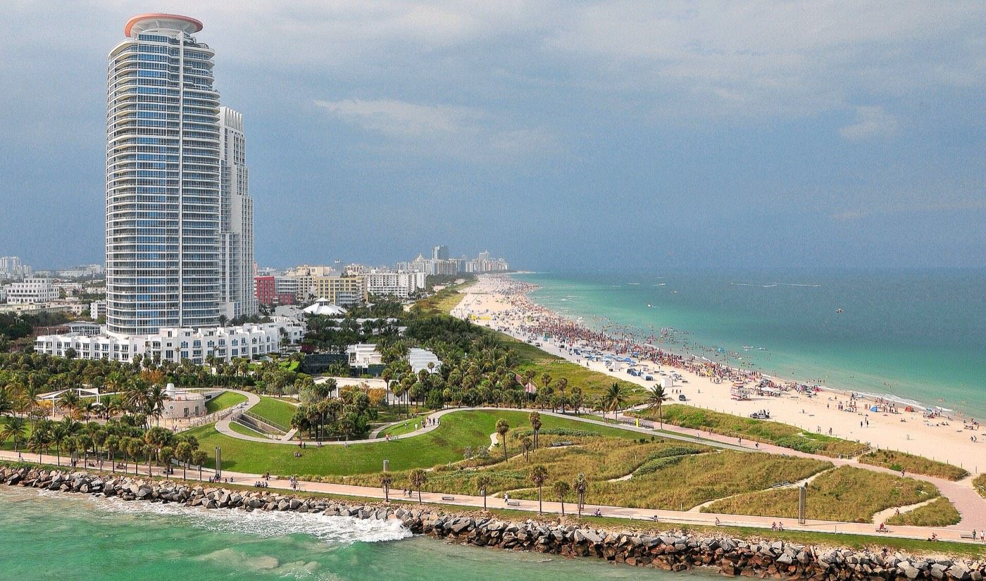 South Beach, Miami, with lifeguard towers and turquoise water