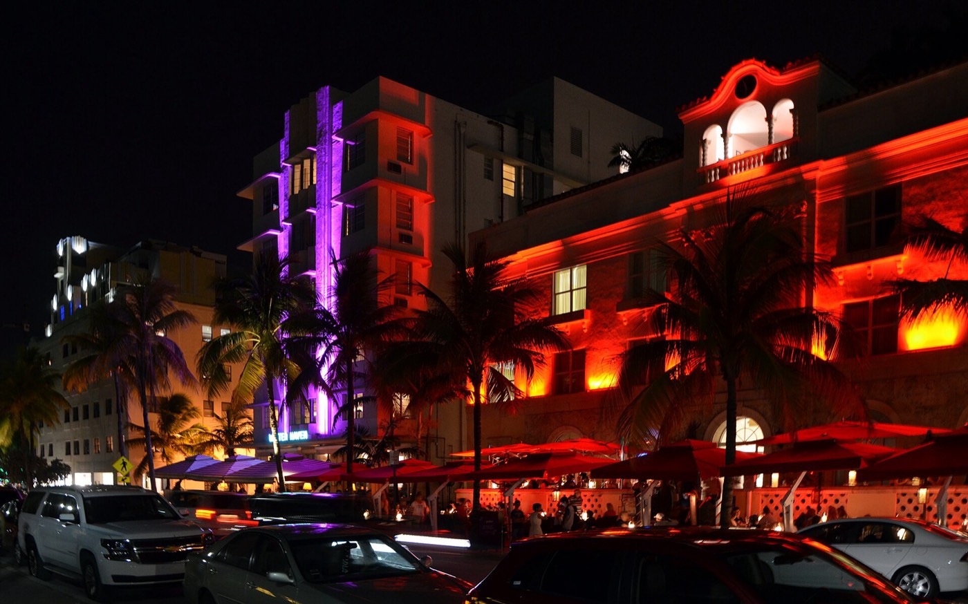 Ocean Drive, Miami Beach, lit up in neon at night